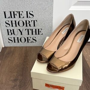 MaxMara Metallic Copper Peep-Toe Wedge Heels